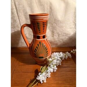 Bulgarian Troyan Redware Pitcher, Vintage Peacock Eye Pottery